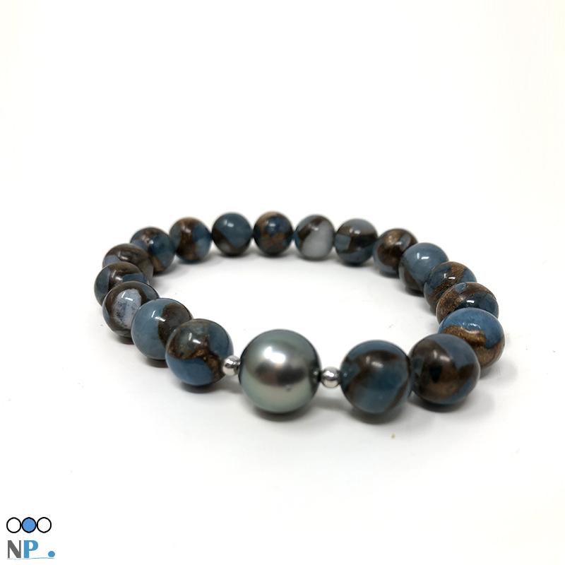 Bracelet de perle de Tahiti et pierres semi precieuses Jaspe Bleu dore et billes Or gris